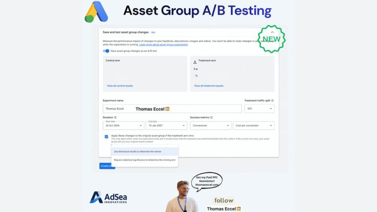 A digital interface for setting up an A/B test for asset groups, showing fields for the experiment name, duration, success metrics, and traffic split settings.