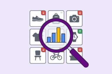 A magnifying glass centered over a grid of icons, highlighting a bar chart for a product-level Google Ads audit.