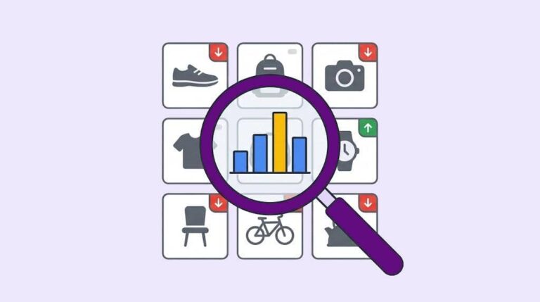 A magnifying glass centered over a grid of icons, highlighting a bar chart for a product-level Google Ads audit.
