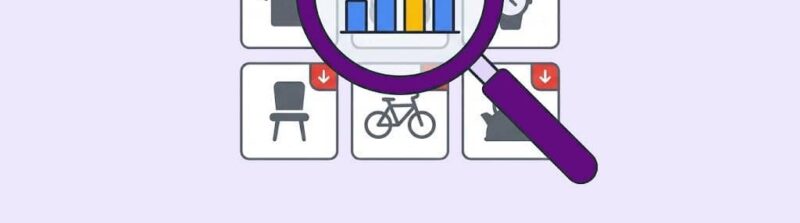 A magnifying glass centered over a grid of icons, highlighting a bar chart for a product-level Google Ads audit.