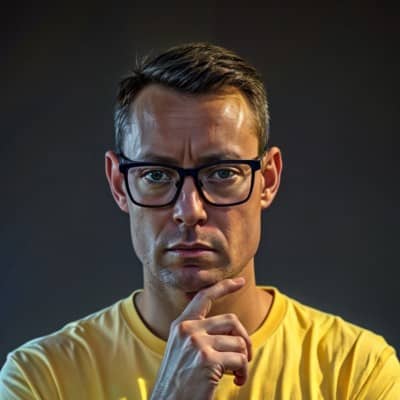 A man wearing glasses and a yellow shirt rests his chin on his hand while looking directly at the camera.