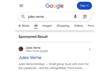 Screenshot of Google search results page showing a sponsored result for Jules Verne with an underlined domain name https://www.vjv.com, demonstrating new visual formatting in search ads.