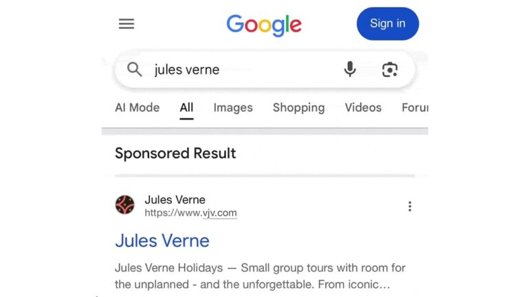 Screenshot of Google search results page showing a sponsored result for Jules Verne with an underlined domain name https://www.vjv.com, demonstrating new visual formatting in search ads.