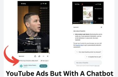 Two smartphone screenshots showing YouTube ads featuring a video of a person speaking and a text-based chatbot interface for Guardio, with a large red arrow pointing to the ad on the left.