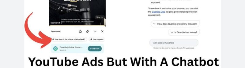 Two smartphone screenshots showing YouTube ads featuring a video of a person speaking and a text-based chatbot interface for Guardio, with a large red arrow pointing to the ad on the left.