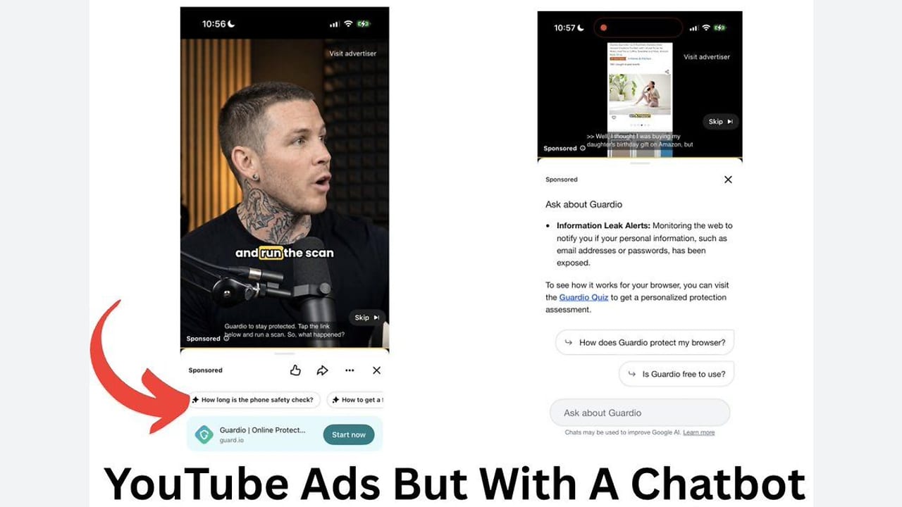Two smartphone screenshots showing YouTube ads featuring a video of a person speaking and a text-based chatbot interface for Guardio, with a large red arrow pointing to the ad on the left.