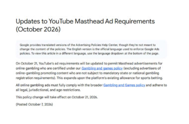 Screenshot of YouTube's October 2026 policy update announcing that Masthead advertisements will be permitted for certified online gambling advertisers, effective October 21, 2026.