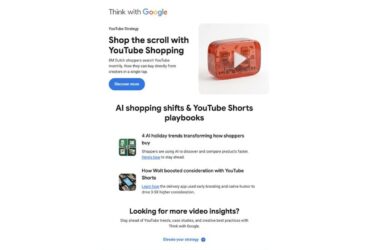 Screenshot of Google's Think with Google article about YouTube Shopping strategy showing a red YouTube play button icon and sections on AI shopping trends and YouTube Shorts marketing playbooks for retailers