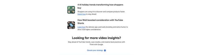 Screenshot of Google's Think with Google article about YouTube Shopping strategy showing a red YouTube play button icon and sections on AI shopping trends and YouTube Shorts marketing playbooks for retailers